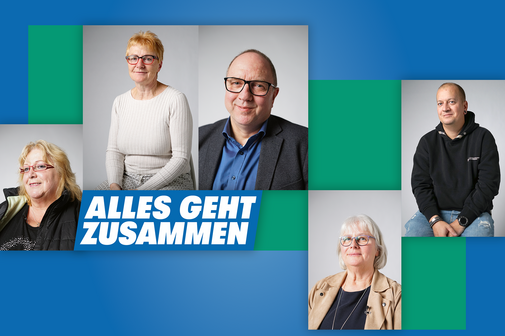 Collage VdK-Ehrenamtler Die Collage zeigt fünf Portraitfotos von Menschen, die ehrenamtlich im VdK engagiert sind, und das Logo der VdK-Aktion "Alles geht zusammen"